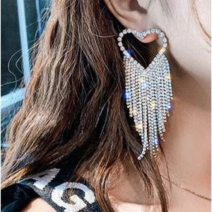 New rhinestone bling drop heart fringe earrings